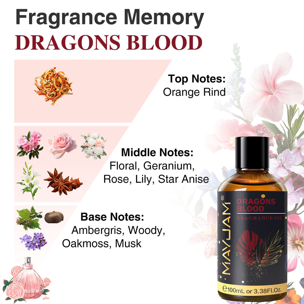 MAYJAM 100ML/3.38FL.OZ Dragons Blood Fragrance Oils for Diffusers for Home, Long Lasting Scented Oils for Aromatherapy Diffusers, Skin Care, Bath, Relaxation, DIY Soap Candle Making