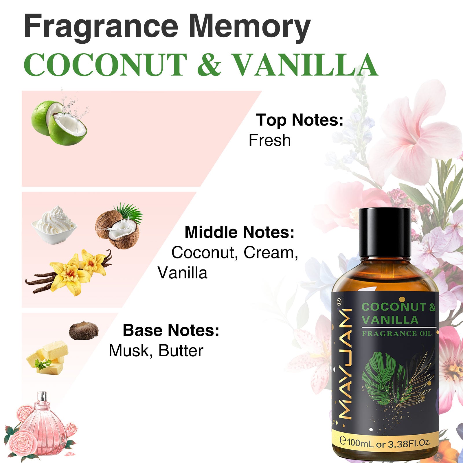 MAYJAM 100ML/3.38FL.OZ Coconut & Vanilla Fragrance Oils for Diffusers for Home, Long Lasting Scented Oils for aromatherapy, Massage, Bath, Relaxation, Soap Candle Making