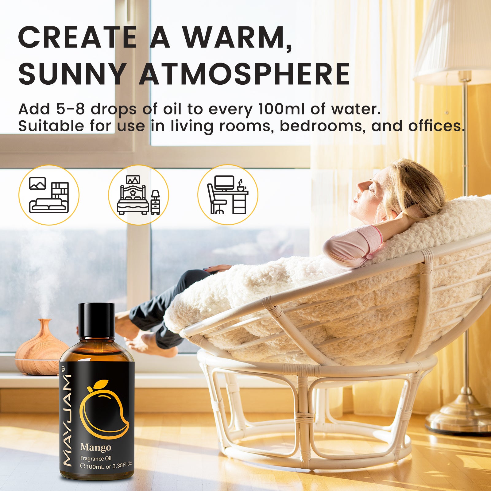MAYJAM 100ML/3.38FL.OZ Mango Fragrance Oils for Diffusers for Home, Long Lasting Scented Oils for Aromatherapy Diffusers, Skin Care, Bath, Relaxation, DIY Soap Candle Making