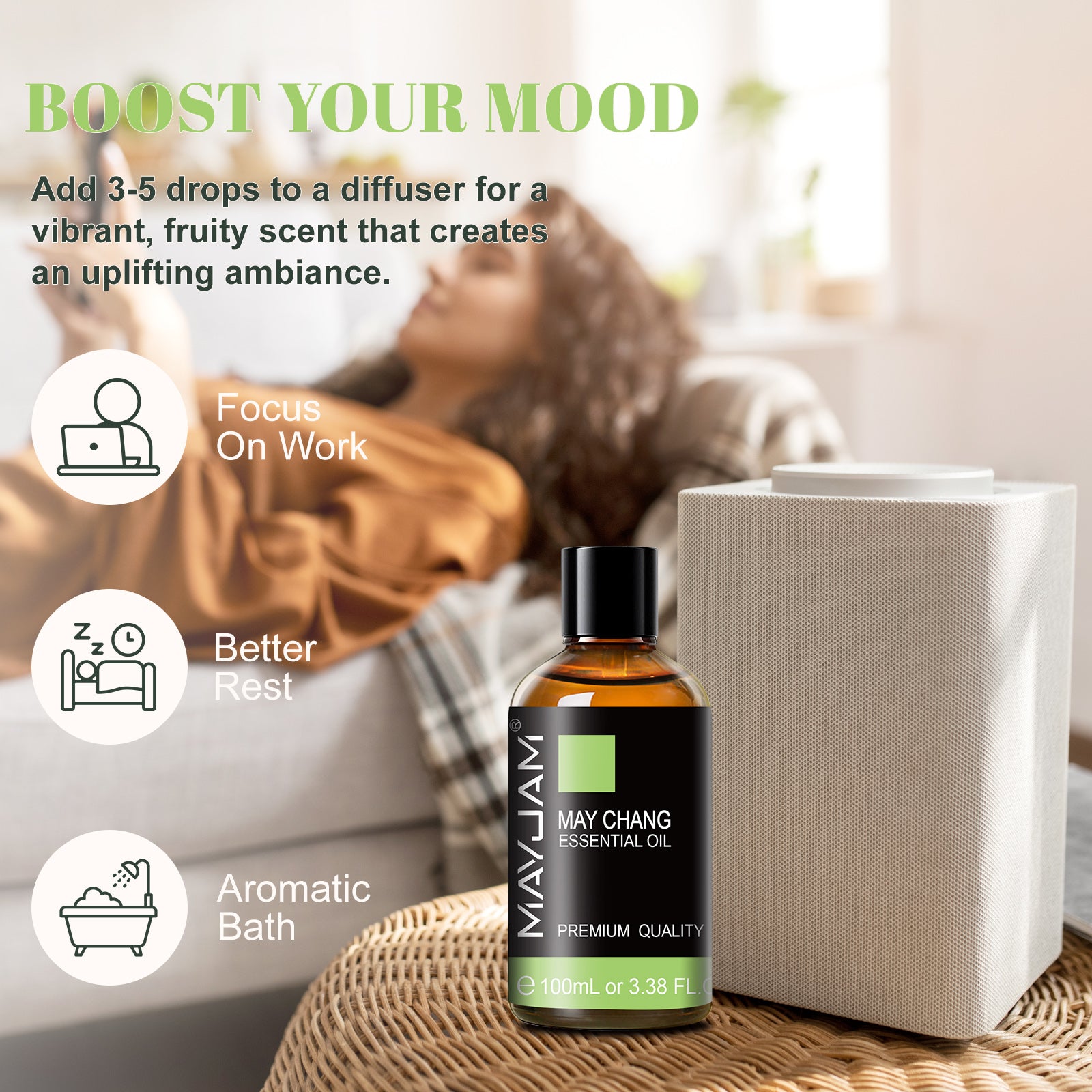 MAYJAM 3.38 Fl Oz May Chang Essential Oils for Diffuser, 100% Pure And Natural May Chang Oil for Skin, Aromatherapy, Soap And Candle Making