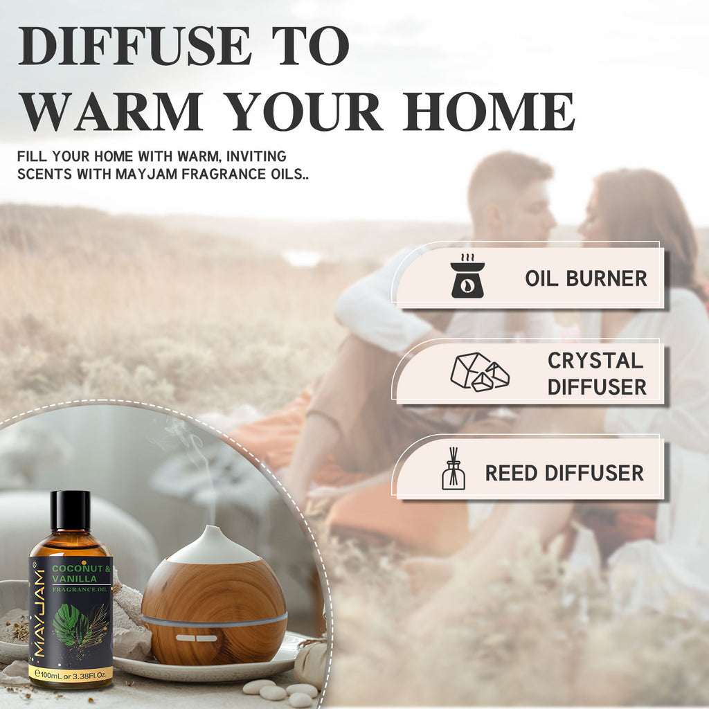MAYJAM 100ML/3.38FL.OZ Coconut & Vanilla Fragrance Oils for Diffusers for Home, Long Lasting Scented Oils for aromatherapy, Massage, Bath, Relaxation, Soap Candle Making