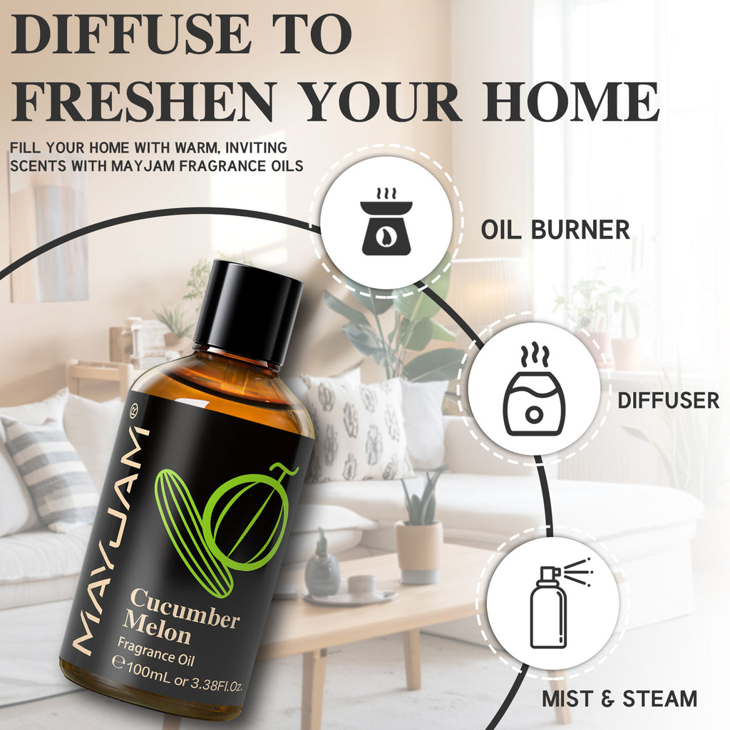 MAYJAM 100ML/3.38FL.OZ Cucumber Melon Essential Oil - Candle Making, Diffuser, Soap, Perfume, Bath and Body Formulations