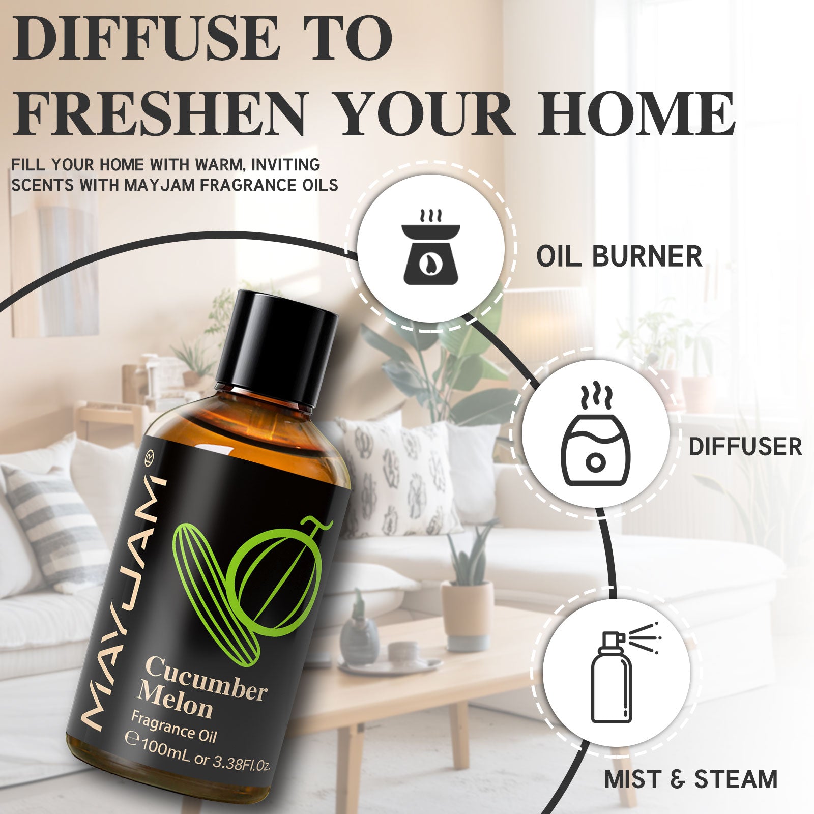 MAYJAM 100ML/3.38FL.OZ Cucumber Melon Essential Oil - Candle Making, Diffuser, Soap, Perfume, Bath and Body Formulations