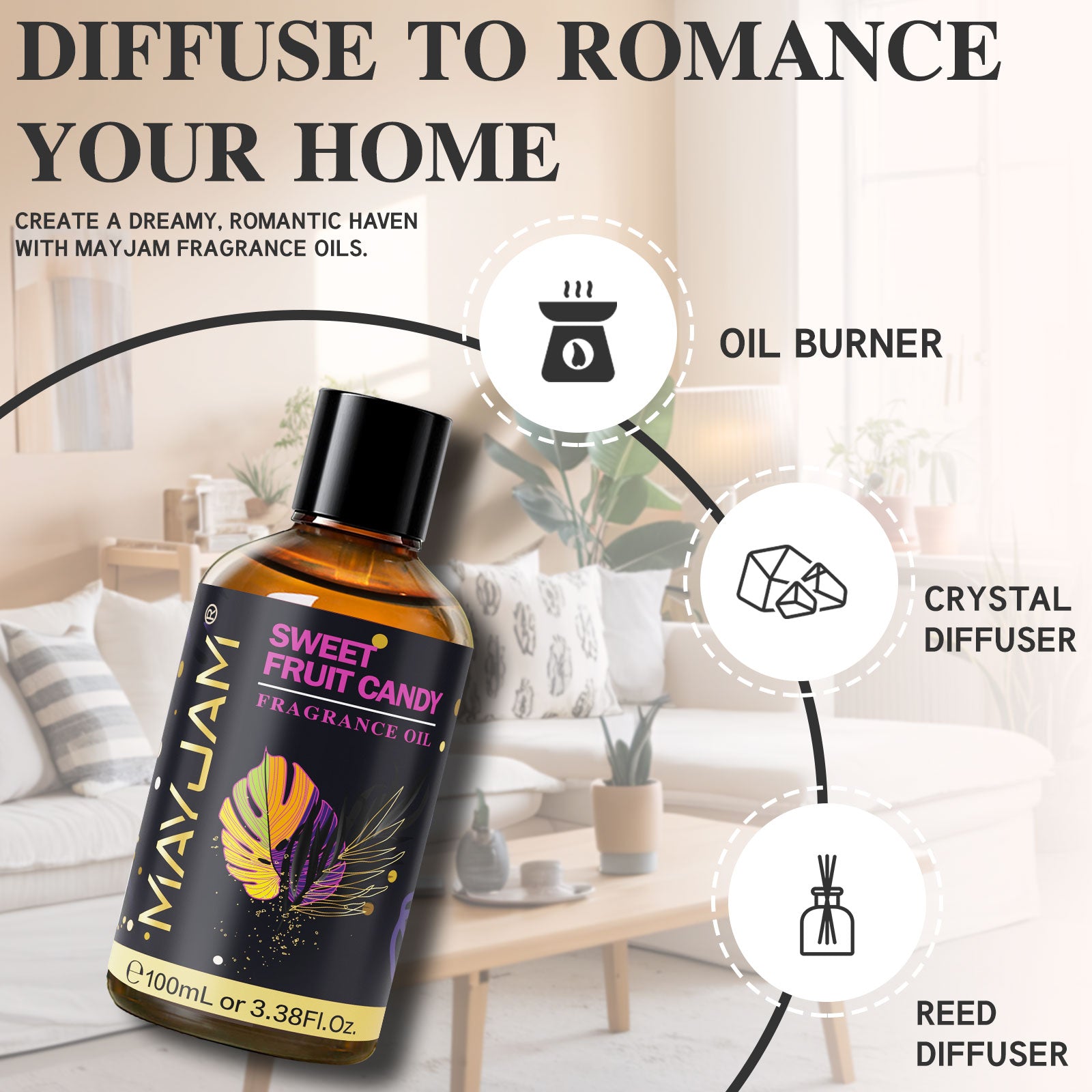 MAYJAM 3.38 Fl Oz Candy Fragrance Oil for Diffusers for Home, Sweet Scent, Perfect for Perfume Making, Soap & Candle Making, Long-Lasting - Sweet Fruit Candy