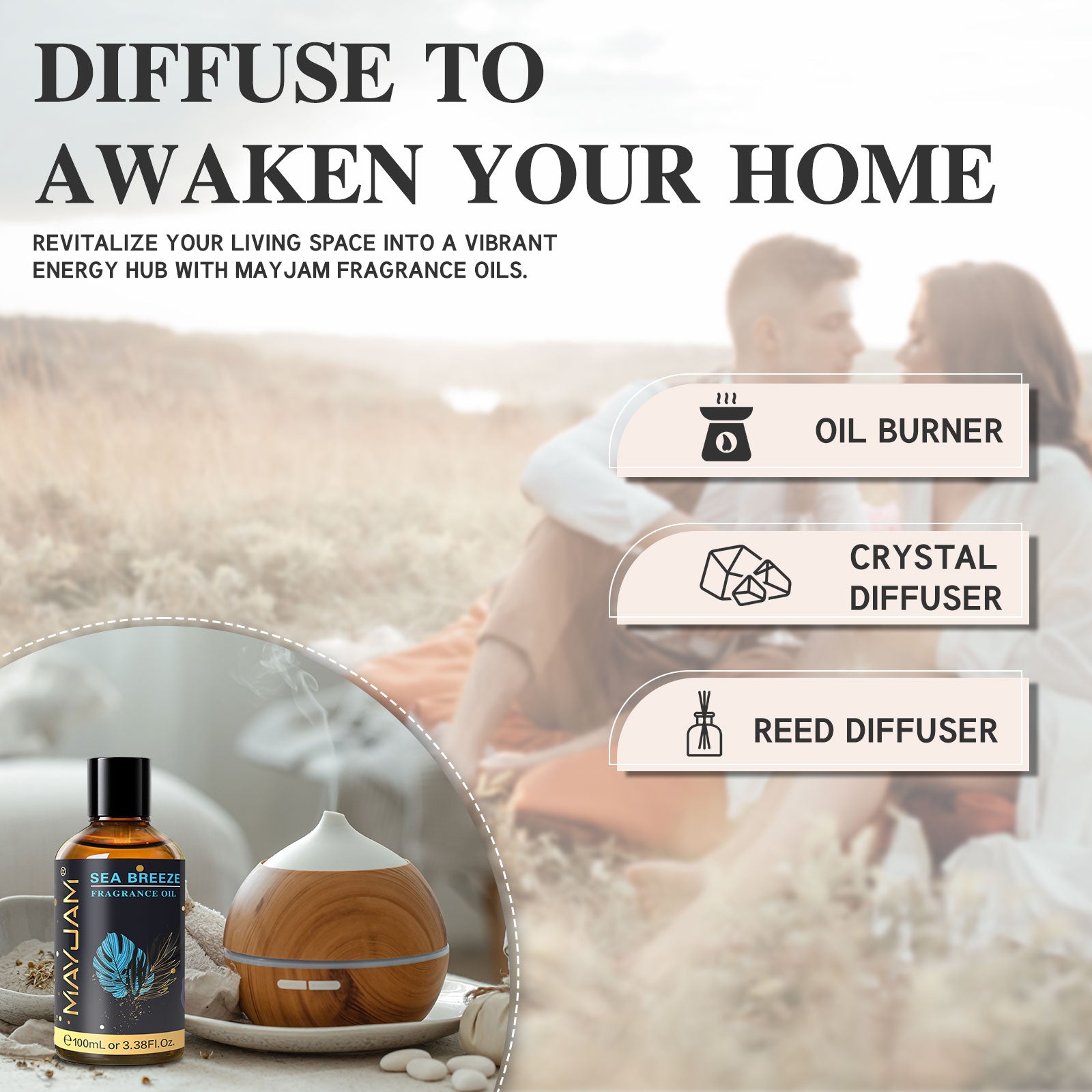 MAYJAM Premium Fragrance Oil, Long-Lasting, Reinvigorating Uplifting Aroma for Aromatherapy, Relaxation & Household Uses. Sea Breeze 3.38oz