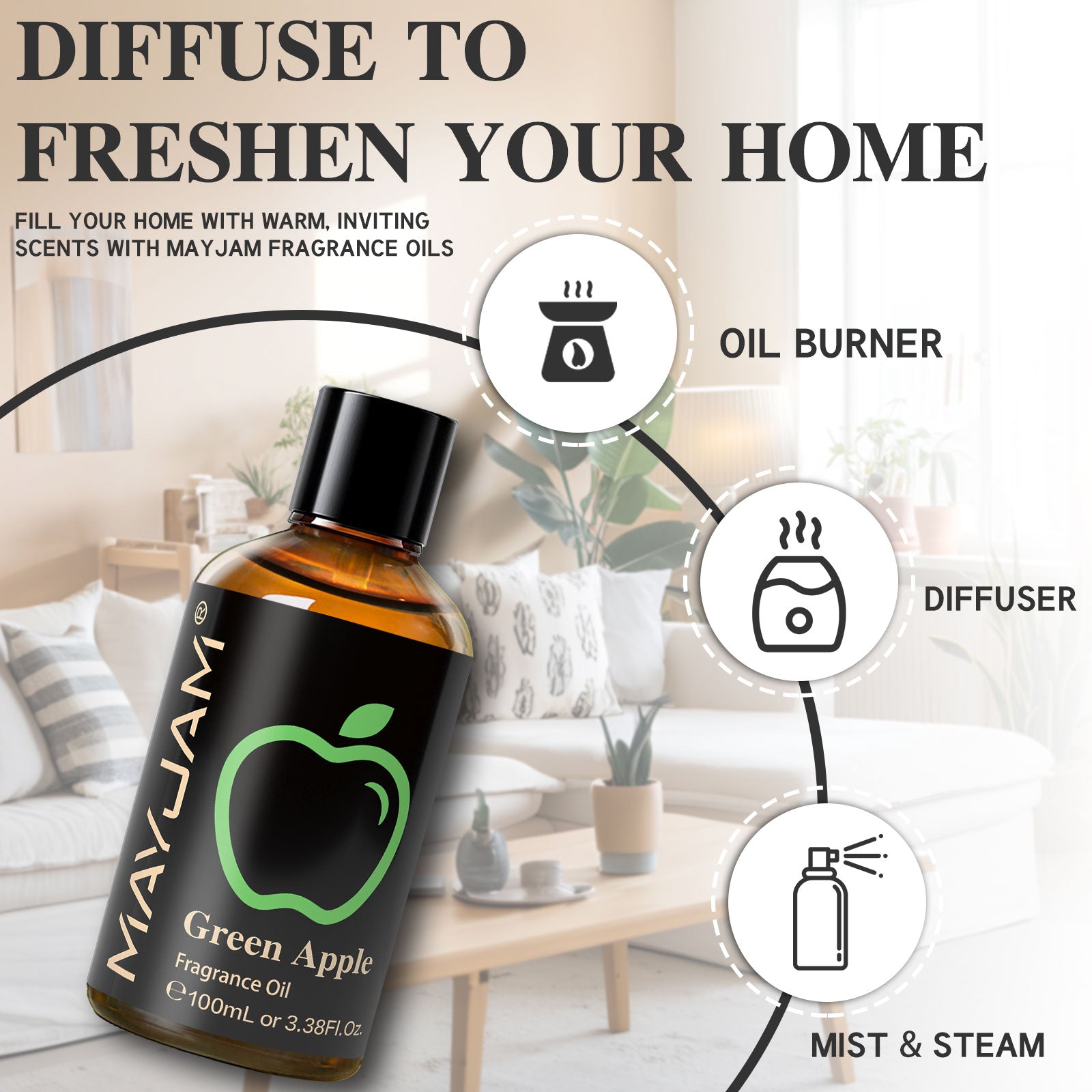 MAYJAM 100ML/3.38FL.OZ Green Apple Fragrance Oils for Diffusers for Home, Long Lasting Scented Oils for Aromatherapy Diffusers, Skin Care, Bath, Relaxation