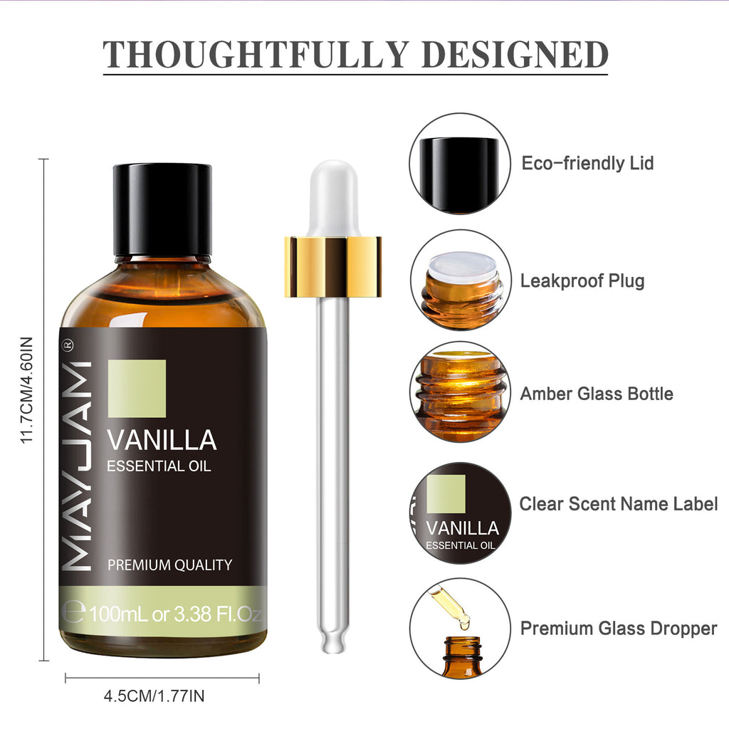 MAYJAM Vanilla Essential Oil for Diffuser and Aromatherapy, Skin Massage, Candle and Soap Making, 100ml