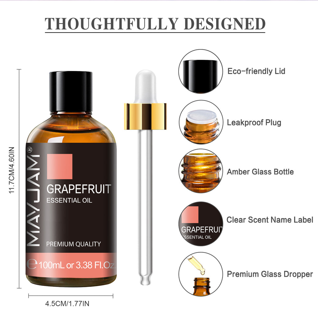 MAYJAM Grapefruit Essential Oil for Diffuser and Aromatherapy, Skin Massage, Candle and Soap Making, 100ml