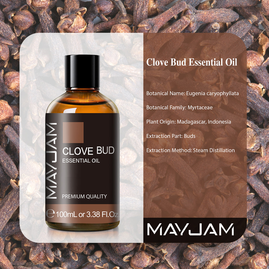 MAYJAM Clove Bud Essential Oil 3.38oz (100 ml) Essential Oil with Dropper for Diffuser, Aromatherapy, Dental Care, Hair Care & Massage