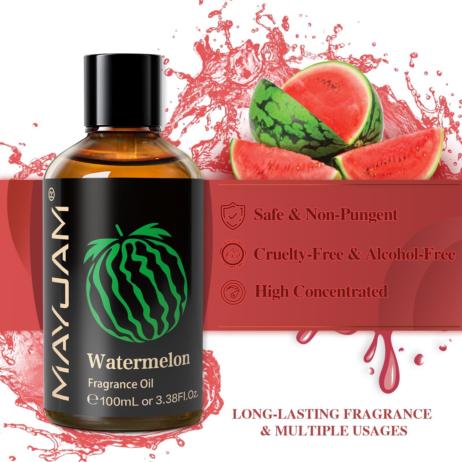 MAYJAM Watermelon Fragrance Oil (100ml) for Perfume, Diffusers, Soap Making, Candles, Lotion, Home Scents, Linen Spray, Bath Bombs