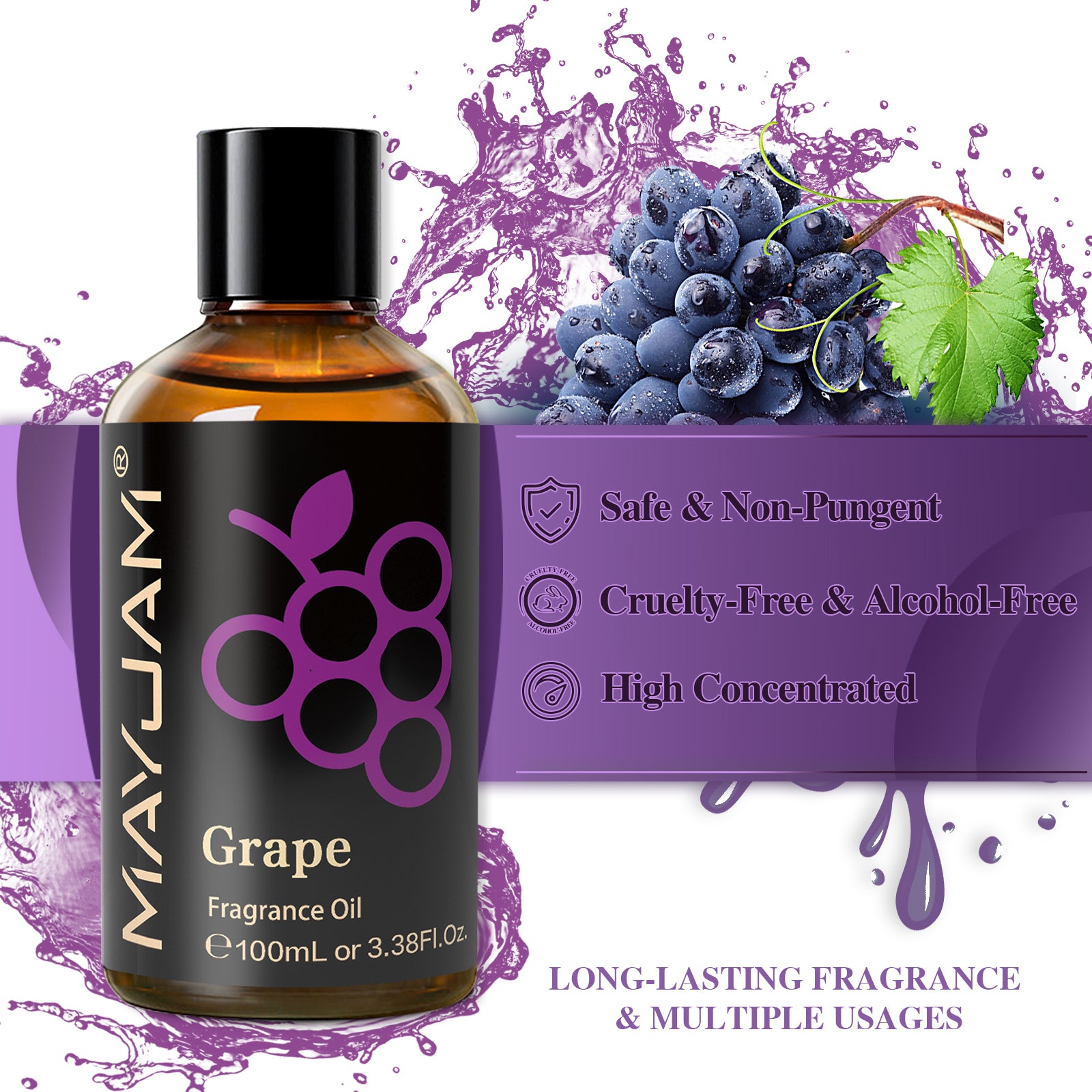 MAYJAM 100ML/3.38FL.OZ Grape Fragrance Oil Pure Oganic Plant Grade Natrual Oil for Diffuser, Cleaning, Home, Perfumes, Humidifier,Soap, Candles