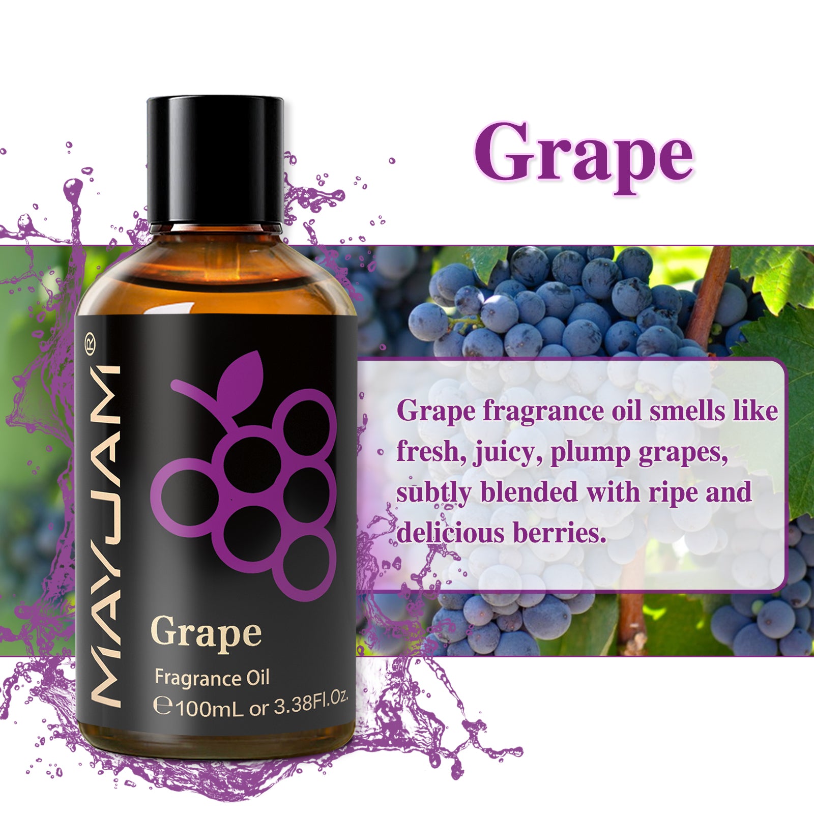 MAYJAM 100ML/3.38FL.OZ Grape Fragrance Oil Pure Oganic Plant Grade Natrual Oil for Diffuser, Cleaning, Home, Perfumes, Humidifier,Soap, Candles